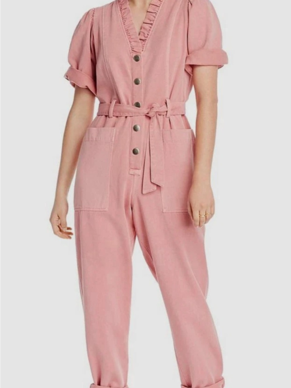LINI Pink Denim Ruffle V-Neck Short-Sleeve Belted Crop jumpsuit medium
